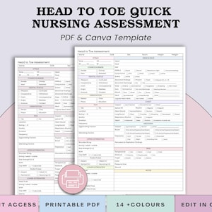 May include: A nursing assessment template with the text "HEAD TO TOE QUICK NURSING ASSESSMENT PDF & Canva Template". The template includes sections for vital signs, consciousness, mental status, and more. The image also includes the text "INSTANT ACCESS", "PRINTABLE PDF", "14 + COLOURS", and "EDIT IN CANVA".
