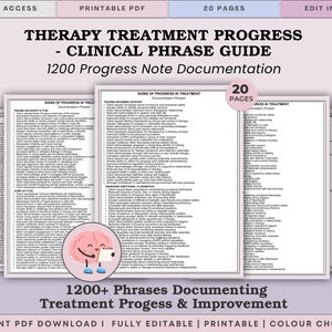 Könnte beinhalten: Ein digitaler Leitfaden mit dem Titel "Therapy Treatment Progress - Clinical Phrase Guide" mit dem Text "1200 Progress Note Documentation". Der Leitfaden enthält eine Liste von Sätzen zur Dokumentation des Behandlungsfortschritts und der Verbesserung. Der Leitfaden ist als druckbares PDF erhältlich.