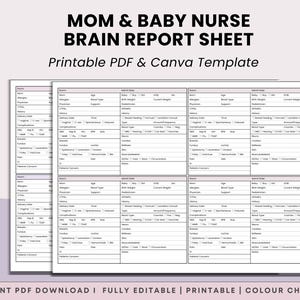 May include: A Mom & Baby Nurse Brain Report Sheet printable PDF and Canva template featuring a structured medical form with fields for patient history, delivery details, and clinical assessments, presented in a clean, organized layout.