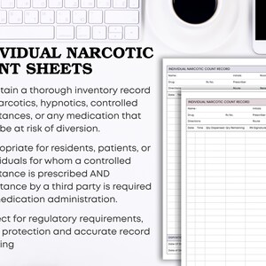 May include: White Individual Narcotic Count Sheets with a keyboard, phone, and coffee cup in the background. The sheets are designed to maintain inventory records for controlled substances. Text on the sheets includes "Drug", "Directions", and "Received".