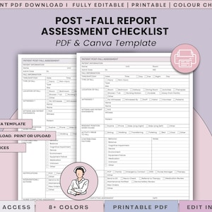 May include: A Post-Fall Report Assessment Checklist template in PDF and Canva format. The document includes sections for patient information, fall details, and witness statements. The image also includes the text "Instant PDF Download" and "Printable PDF".