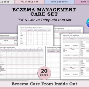 May include: A 20-page Eczema Management Care Set template in PDF and Canva formats. The set includes trackers for treatment plans, symptoms, cream applications, dermatological skin changes, and daily food journals with a light purple color scheme.
