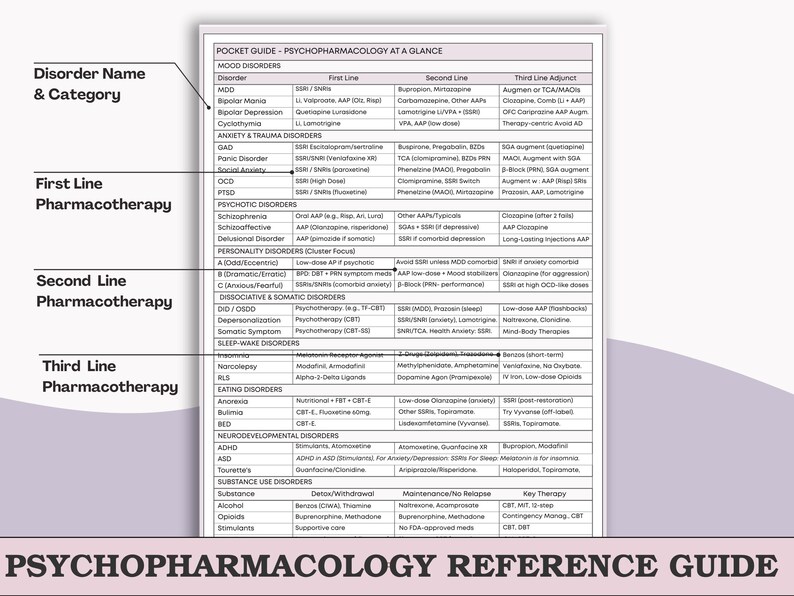 May include: A pocket guide titled "Psychopharmacology at a Glance" with detailed lists of mood, anxiety, psychotic, personality, and substance use disorders. The guide includes first, second, and third-line pharmacotherapy options.