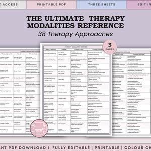 May include: A three-page printable PDF document titled The Ultimate Therapy Modalities Reference, featuring a table of 38 therapy approaches. The document includes columns for theory, founder, primary focus, and common techniques, with a Canva logo.