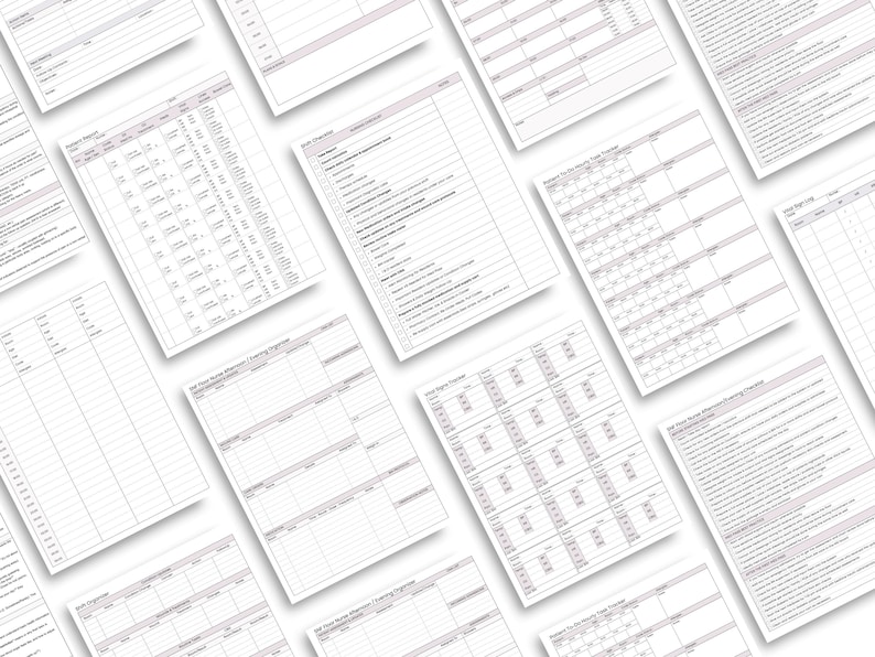 Peut inclure: Plusieurs feuilles de papier blanc imprim&eacute;es avec divers tableaux et listes de contr&ocirc;le. Les feuilles sont dispos&eacute;es &agrave; diff&eacute;rents angles, cr&eacute;ant un effet de superposition. Le contenu semble &ecirc;tre li&eacute; aux soins de sant&eacute; ou aux patients.