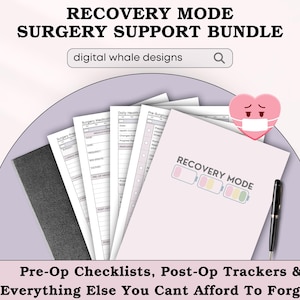 以下が含まれることがあります： 「Recovery Mode Surgery Support Bundle」のテキストが入った手術サポートドキュメントのバンドル。術前チェックリスト、術後トラッカー、その他の重要な情報が含まれています。マスクをつけたピンクのハートも含まれています。