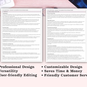 May include: Two-page document titled "Occupational Therapy Documentation Phrase Bank" with text on diabetes and distal radial fracture. Below are bullet points: Professional Design, Versatility, User-friendly Editing, Customizable Design, Saves Time & Money, and Friendly Customer Service.