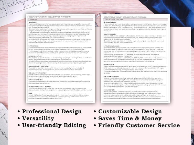 May include: Two-page document titled "Occupational Therapy Documentation Phrase Bank" with text on diabetes and distal radial fracture. Below are bullet points: Professional Design, Versatility, User-friendly Editing, Customizable Design, Saves Time & Money, and Friendly Customer Service.