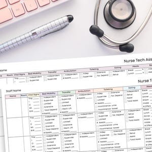 May include: A nurse tech assignment sheet with columns for vital signs, mobility, and eating. A silver pen and a stethoscope are on the white surface. A pink keyboard is in the upper left corner. The sheet has the text "Nurse Tech Assignment Sheet".