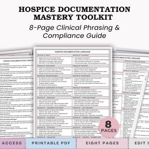 Może przedstawiać: Biały dokument zatytułowany "HOSPICE DOCUMENTATION MASTERY TOOLKIT" z tekstem "8-Page Clinical Phrasing & Compliance Guide". Dokument zawiera listę języka dokumentacji hospicyjnej i jest oznaczony jako "INSTANT ACCESS" i "PRINTABLE PDF".