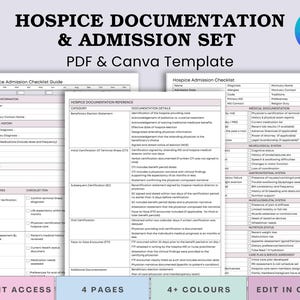 May include: Hospice documentation and admission set template. The image shows a PDF and Canva template with checklists and reference guides. The documents include patient information, medical history, and documentation details. The template is available in 4+ colors.