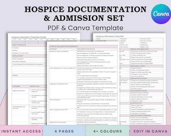 Puede incluir: Plantilla de documentación y admisión de hospicio. La imagen muestra una plantilla PDF y Canva con listas de verificación y guías de referencia. Los documentos incluyen información del paciente, historial médico y detalles de la documentación. La plantilla está disponible en 4+ colores.