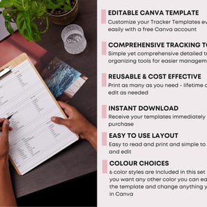 May include: A wooden clipboard with a detailed tracker template is held by a person. The template is being written on with a black pen. Text on the right side of the image includes "Editable Canva Template" and "Comprehensive Tracking Tools."