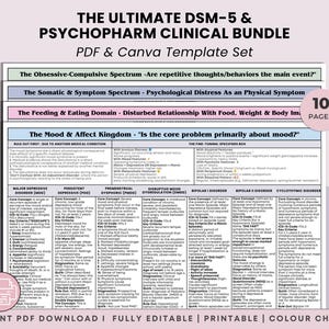 May include: A PDF and Canva template set titled "THE ULTIMATE DSM-5 & PSYCHOPHARM CLINICAL BUNDLE." The document is a guide to mental health topics, including the Obsessive-Compulsive Spectrum, Mood & Affect Kingdom, and Bipolar Disorder. The document has 10 pages.