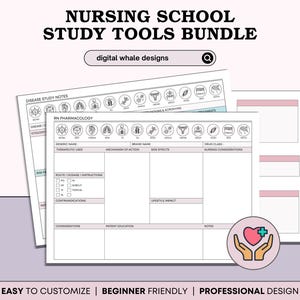 May include: A bundle of nursing school study tools with the text "NURSING SCHOOL STUDY TOOLS BUNDLE" and "digital whale designs". The image includes study notes, pharmacology sheets, and options for instant access, twelve colors, multiple styles, and editing in Canva.