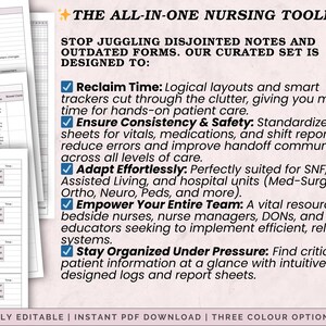 Peut inclure: Document rose et blanc avec le texte "THE ALL-IN-ONE NURSING TOOLKIT" et des puces d&eacute;crivant des fonctionnalit&eacute;s telles que le gain de temps et la s&eacute;curit&eacute; des patients. Le document est enti&egrave;rement modifiable et t&eacute;l&eacute;chargeable en PDF instantan&eacute;.