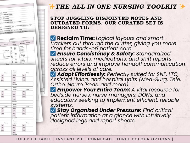 Peut inclure: Document rose et blanc avec le texte "THE ALL-IN-ONE NURSING TOOLKIT" et des puces d&eacute;crivant des fonctionnalit&eacute;s telles que le gain de temps et la s&eacute;curit&eacute; des patients. Le document est enti&egrave;rement modifiable et t&eacute;l&eacute;chargeable en PDF instantan&eacute;.