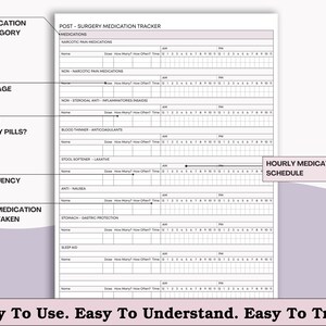 May include: A white post-surgery medication tracker with a purple border. The tracker includes sections for medication category, dosage, frequency, and time taken. Text at the bottom reads, "Easy To Use. Easy To Understand. Easy To Track."