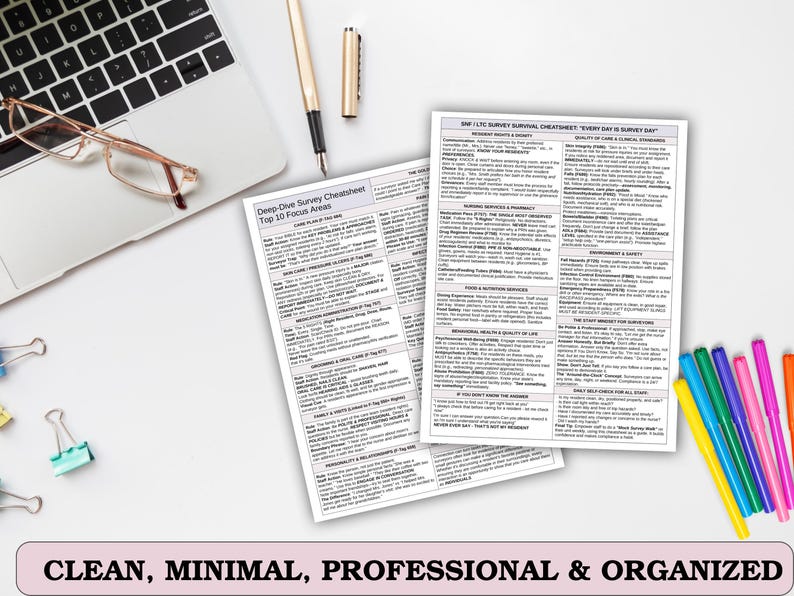 May include: A white surface with a laptop, glasses, pens, and colorful markers. Two printed sheets with detailed text are visible. The text includes "Deep Dive Survey Cheatsheet" and "Every Day is Survey Day". The bottom of the image has the text "CLEAN, MINIMAL, PROFESSIONAL & ORGANIZED".