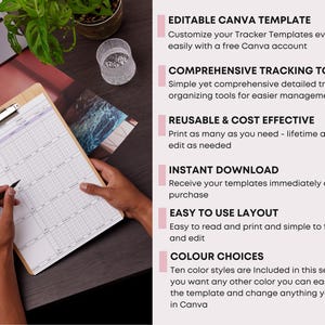 May include: A person holds a clipboard with a detailed planner sheet, writing with a black pen. Text on the right side highlights features like "Editable Canva Template" and "Comprehensive Tracking Tools". A plant and a laptop are also visible.