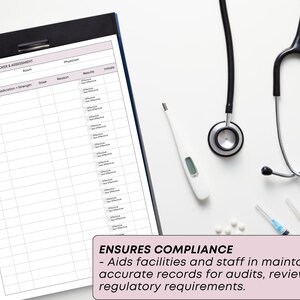 May include: A medical assessment form on a clipboard, with a stethoscope, thermometer, and syringes. The form is labelled "PRN Medications Tracker & Assessment." Text on the image reads "ENSURES COMPLIANCE - Aids facilities and staff in maintaining accurate records for audits, reviews, and regulatory requirements."