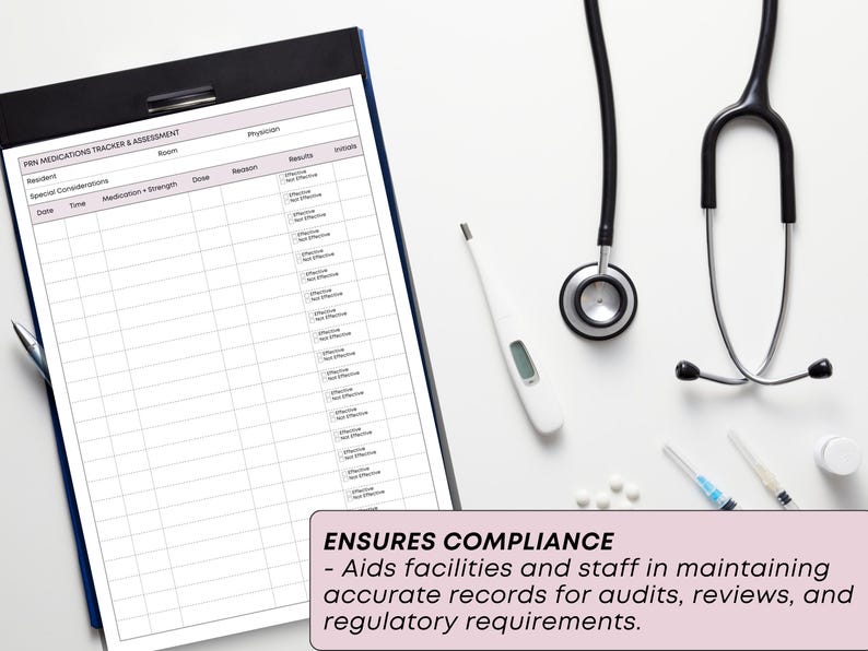 May include: A medical assessment form on a clipboard, with a stethoscope, thermometer, and syringes. The form is labelled "PRN Medications Tracker & Assessment." Text on the image reads "ENSURES COMPLIANCE - Aids facilities and staff in maintaining accurate records for audits, reviews, and regulatory requirements."