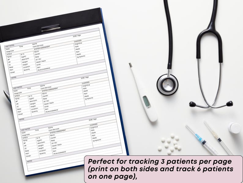 May include: A clipboard with patient assessment forms, a stethoscope, a thermometer, syringes, and pills. The text reads: "Perfect for tracking 3 patients per page (print on both sides and track 6 patients on one page)."