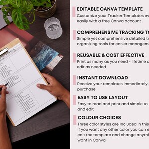 May include: A wooden clipboard with a printed template is held by a person, with a pen poised to write. The template includes sections for detailed tracking and organization. Text on the side highlights features like editable Canva templates and instant download.