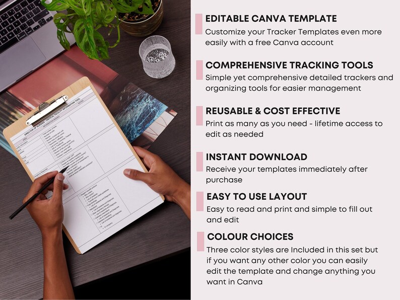 May include: A wooden clipboard with a printed template is held by a person, with a pen poised to write. The template includes sections for detailed tracking and organization. Text on the side highlights features like editable Canva templates and instant download.
