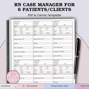 May include: A white document template titled RN CASE MANAGER FOR 6 PATIENTS/CLIENTS with sections for patient vitals, medication, and notes. The layout includes a black pen resting on the right side and a small printer icon in a pink circle.