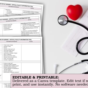 May include: A medical-themed image featuring a red heart, a stethoscope, and several printed forms titled "Director of Nursing - Critical Facility Information Tool." The forms are stacked and contain various fields. The image also includes the text "EDITABLE & PRINTABLE: Delivered as a Canva template."