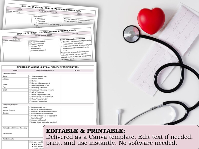 May include: A medical-themed image featuring a red heart, a stethoscope, and several printed forms titled "Director of Nursing - Critical Facility Information Tool." The forms are stacked and contain various fields. The image also includes the text "EDITABLE & PRINTABLE: Delivered as a Canva template."