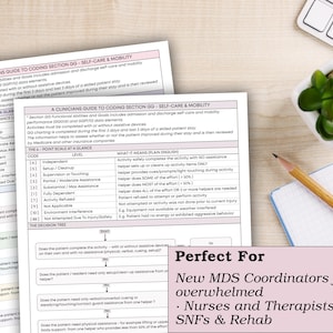 May include: Two printed guides titled "A Clinician's Guide to Coding Section GG - Self-Care & Mobility" are displayed. The guides are on a wooden surface, with a keyboard, plant, pencil, and notepad in the background. Text on the guides includes a 6-point scale and decision tree.