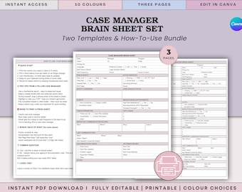 Case Manager Brain Sheet Bundle  – Care Management Daily Planner - Client Information Organizer - Pdf + Canva