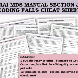 May include: A collection of printed cheat sheets titled "RAI MDS Manual Section J Coding Falls Cheat Sheet." The sheets include definitions and coding information. The image also includes information about the product, such as a PDF file, Canva template, and color options.