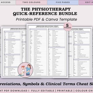 May include: A physiotherapy quick-reference bundle featuring five pages of printable PDF and Canva templates. The documents contain lists of abbreviations, symbols, and clinical terms used in physical therapy, with a small illustration of a therapist.
