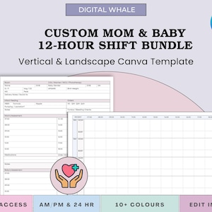 May include: A Canva template titled "CUSTOM MOM & BABY 12-HOUR SHIFT BUNDLE" with vertical and landscape options. The design includes a schedule with sections for patient information, feeding, and assessments. The template is available in 10+ colors.