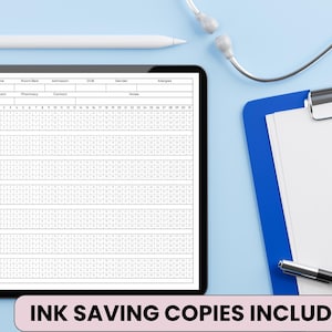 May include: A digital tablet displaying a medical chart with rows and columns for patient information. A white stylus, stethoscope, and clipboard with a pen are also present. The text "INK SAVING COPIES INCLUDED" is at the bottom.