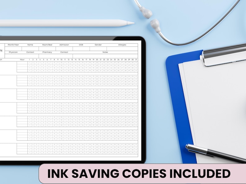 May include: A digital tablet displaying a medical chart with rows and columns for patient information. A white stylus, stethoscope, and clipboard with a pen are also present. The text "INK SAVING COPIES INCLUDED" is at the bottom.