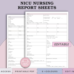 May include: NICU Nursing Report Sheets, printable PDF documents with editable fields. The sheets are designed with sections for baby information, vital signs, and nursing notes. The design includes a pink and purple colour scheme with the text "EDITABLE" and "Canva".
