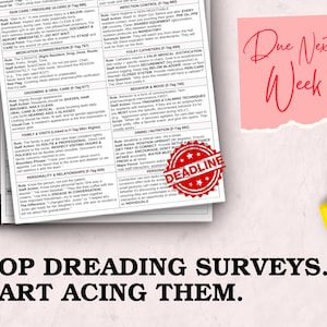 May include: A desk with a notebook, pen, and colorful markers. The notebook has text about surveys and a "Deadline" stamp. A pink sticky note says "Due Next Week". The text at the bottom says "STOP DREADING SURVEYS. START ACING THEM."