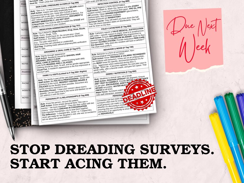 May include: A desk with a notebook, pen, and colorful markers. The notebook has text about surveys and a "Deadline" stamp. A pink sticky note says "Due Next Week". The text at the bottom says "STOP DREADING SURVEYS. START ACING THEM."