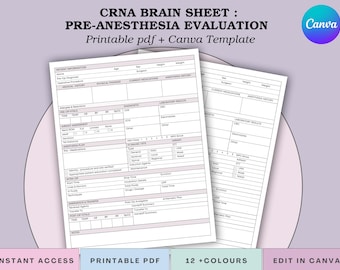 CRNA Pre-Anesthesia Evaluation Form Template - SRNA Operating Room Brain Sheet Report - Print PDF + Canva