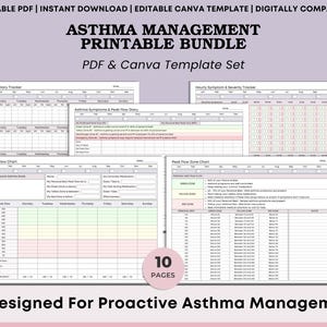 May include: A printable asthma management bundle with a PDF and Canva template set. The bundle includes 10 pages of trackers and charts for symptoms, peak flow, and severity. The design is digitally compatible and designed for proactive asthma management.