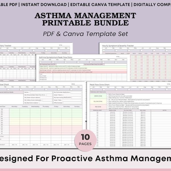Asthma Symptom Management Bundle - Peak Flow, Triggers, Medication Journals for Kids/Adults - PDF + Canva