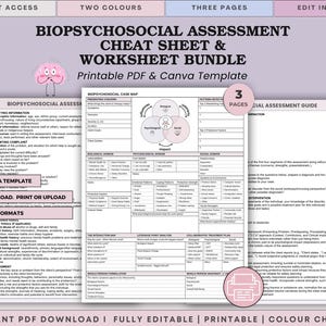 Könnte beinhalten: Ein Biopsychosoziales Assessment-Cheat-Sheet und Arbeitsblatt-Paket mit drei Seiten als druckbare PDF- und Canva-Vorlagen. Die Dokumente enthalten Abschnitte für Fallanalysen sowie biologische, psychologische und soziale Bereiche und Behandlungspläne.