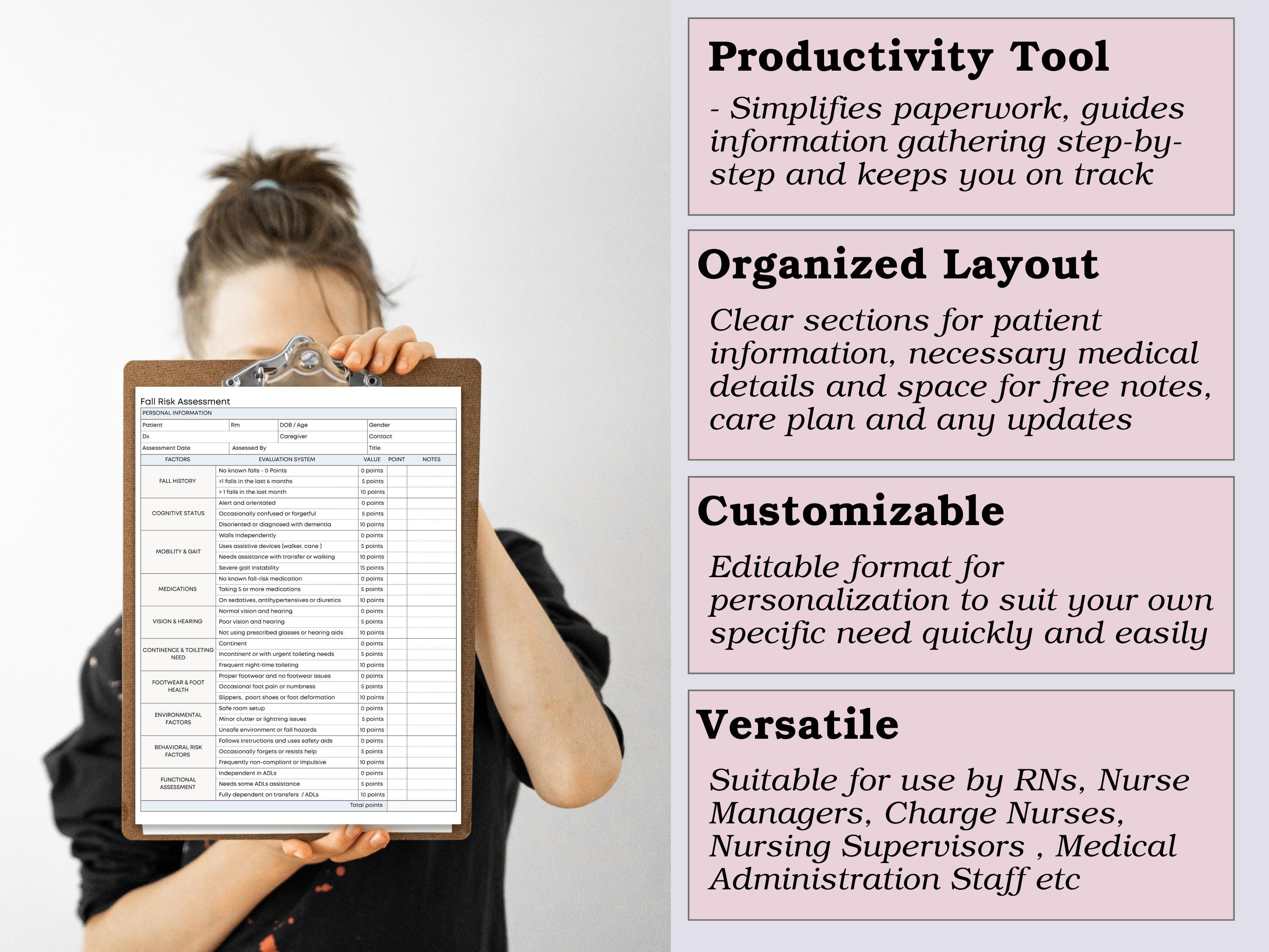Fall Risk Cards Fall Risk Assessment Tool: Printable Prevention Checklist for Elderly ...