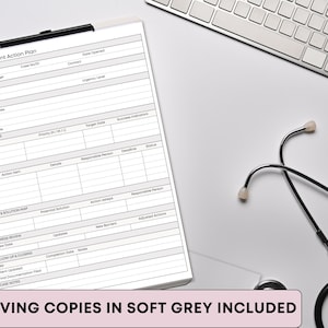 May include: A white clipboard with a "Case Management Action Plan" form, a stethoscope, and a keyboard on a white surface. The form includes sections for case information, assessment, and action plans. Text at the bottom reads "INK SAVING COPIES IN SOFT GREY INCLUDED."