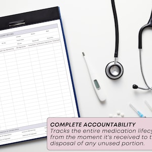 May include: A medical setting still life featuring a clipboard with a narcotic count record, a stethoscope, a digital thermometer, and medical supplies. The text "COMPLETE ACCOUNTABILITY" is visible, emphasizing medication tracking from receipt to disposal.