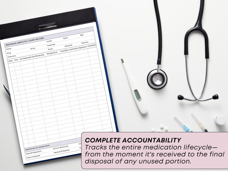 May include: A medical setting still life featuring a clipboard with a narcotic count record, a stethoscope, a digital thermometer, and medical supplies. The text "COMPLETE ACCOUNTABILITY" is visible, emphasizing medication tracking from receipt to disposal.